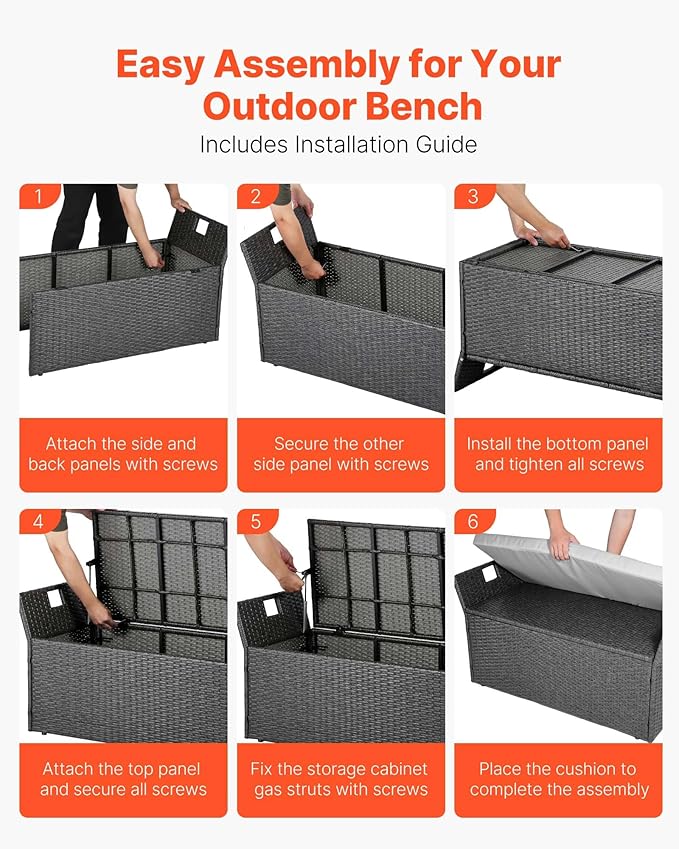 VEVOR Outdoor Storage Bench, 2-Person PE Rattan Storage Bench, 40 Gal Deck Box with Cushion & Side Handle, Supports up to 400 lbs, Weatherproof Outdoor Seating & Porch Decor for Patio Garden Balcony - Image 7