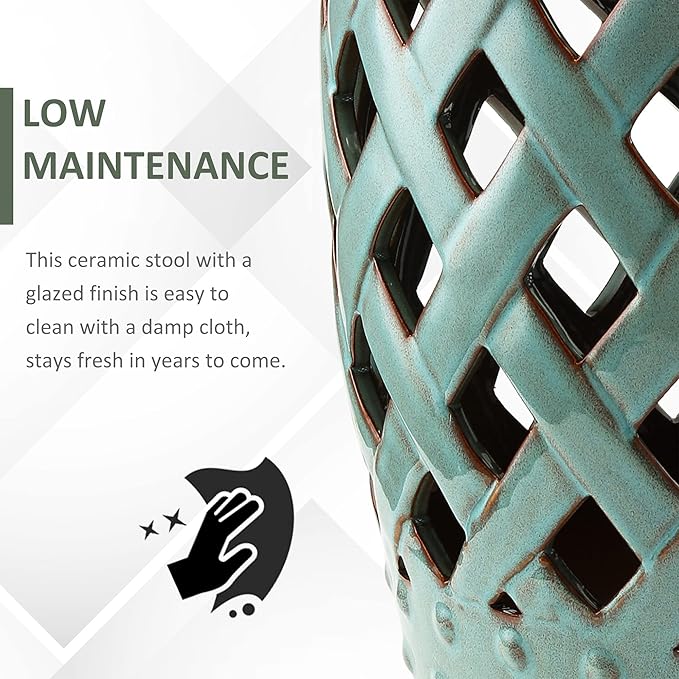 Outsunny 13" x 18" Ceramic Garden Stool with Woven Lattice Design & Glazed Strong Materials Decorative Outdoor Stool, Antique Blue - Image 6
