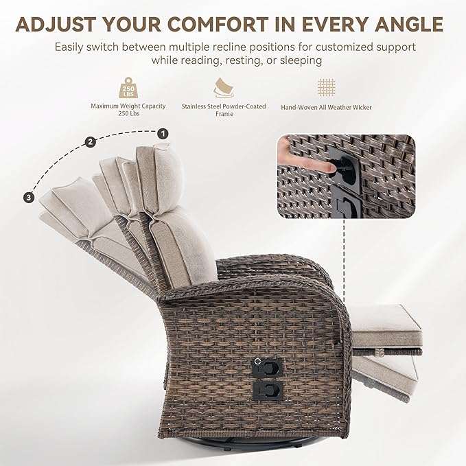 3 Pieces Zero Gravity Patio Swivel Rocking Recliner Chairs Set of 2 - Wicker Outdoor Lounge Chair with Side Table, Adjustable Backrest & Footrest, High Back Outdoor Recliner Chair for Pool Deck Beige - Image 6