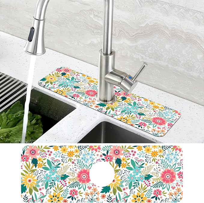 Colorful Floral Leaves Berries Kitchen Sink Splash Guard Mat Absorbent Fast - Image 4