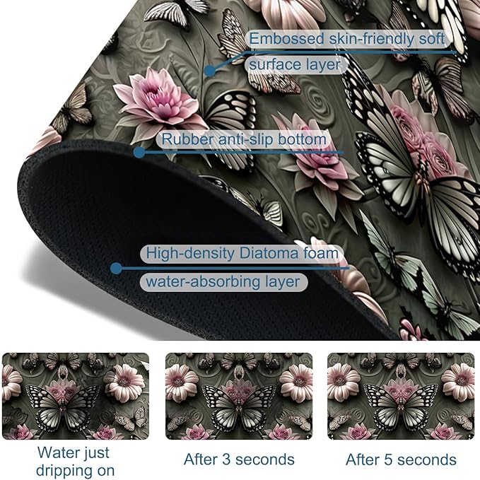 Cute Butterfly Sink Splash Guard Pink Flower Faucet Absorbing Mat Fast Drying - Image 3