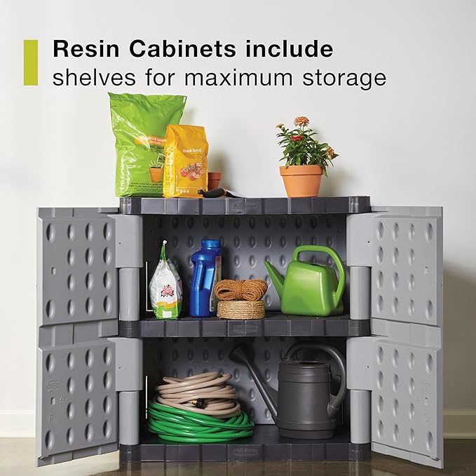 Rubbermaid Freestanding Storage Cabinet with Doors 18"D x 36"W x 37"H Medium Gray/Black Two-Shelf Lockable Cabinet for Indoor/Outdoor/Garage Storage for Garden Tools/Lawn Care Accessories - Image 4