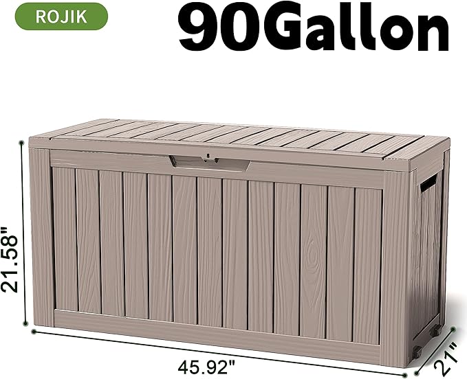 ROJIK Outdoor Storage Housing Deck Box - Waterproof Patio Furniture, Garden Tools, Cushions, Pool Accessories Storage Bench with Lockable Lid and Side Handles (Grey 90 Gal) - Image 2