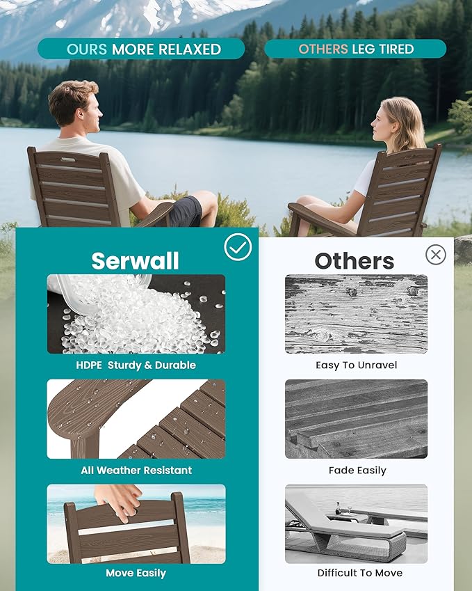 SERWALL Outdoor Rocking Chair Set of 4, Oversized HDPE Patio Rocking Chair with Footrest for Adults, All Weather Porch Rocker for Deck Patio Balcony, Coffee - Image 6