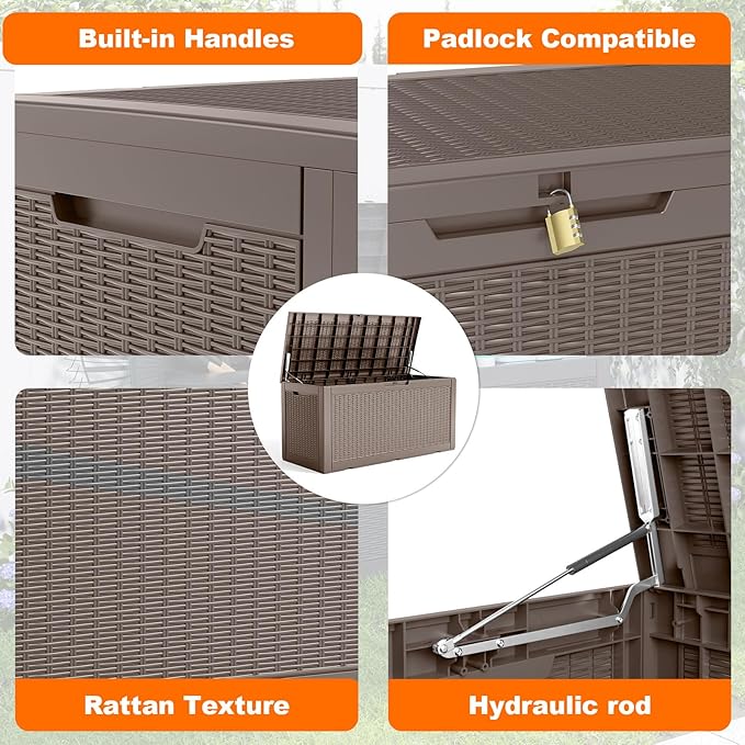 120 Gallon Resin Deck Box, Lockable Patio Outdoor Storage Box for Furniture, Garden Tools and Tools Storage, Waterproof Outside Storage Boxes - Grey - Image 3