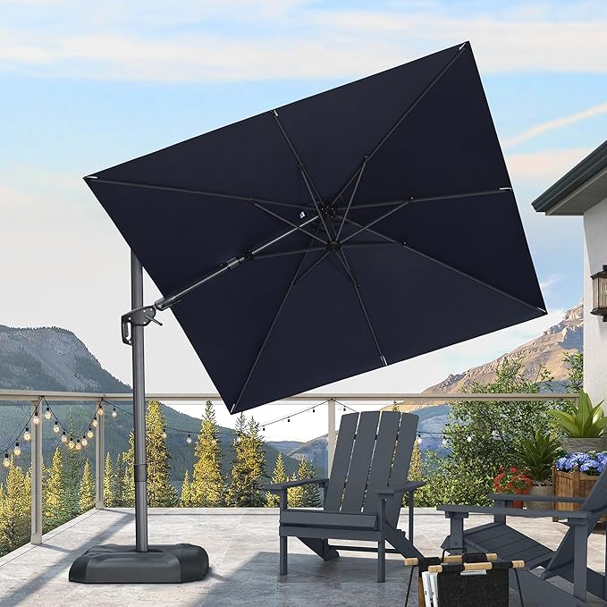 PURPLE LEAF 8' X 8' Tilting Patio Umbrella with Base Outdoor Cantilever Swivel Square Umbrella with Tilt Aluminum Offset Umbrella with 360-degree Rotation for Garden Deck Pool Patio Navy - Image 2