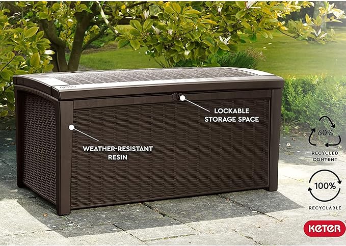 Keter Borneo 110 Gallon Resin Deck Box - Organization and Storage for Patio Furniture, Outdoor Cushions, Throw Pillows, Garden Tools and Pool Toys, Brown - Image 7
