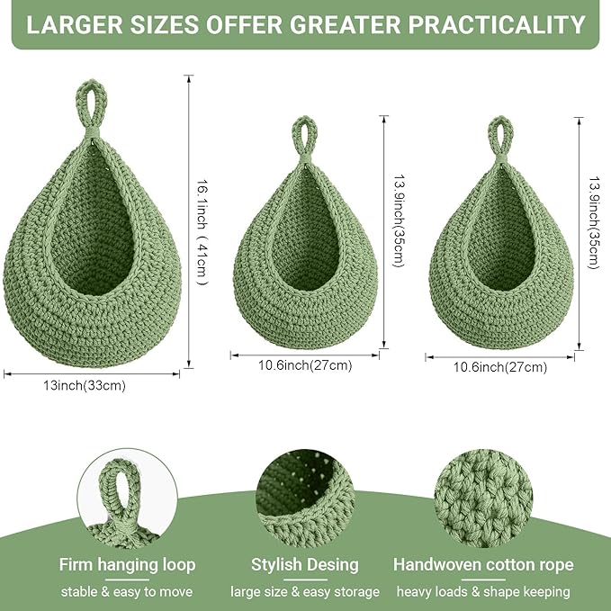 Halidali Hanging Fruit Baskets for Kitchen, 3 Pack Boho Cotton Rope Handwoven - Image 2