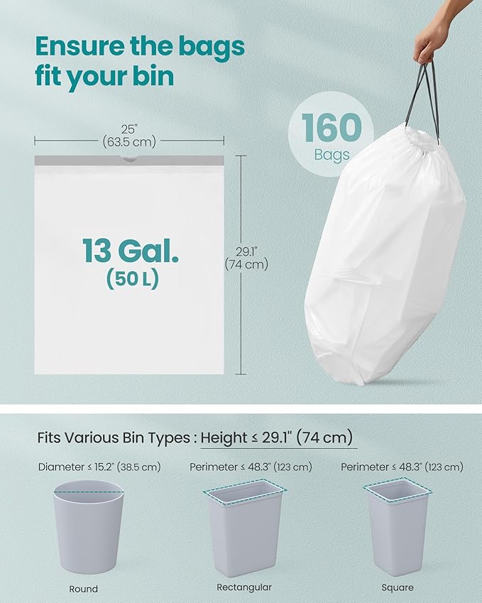 SONGMICS Trash Bags for 13-Gallon Trash Cans, Drawstring Kitchen Garbage Bags - Image 6