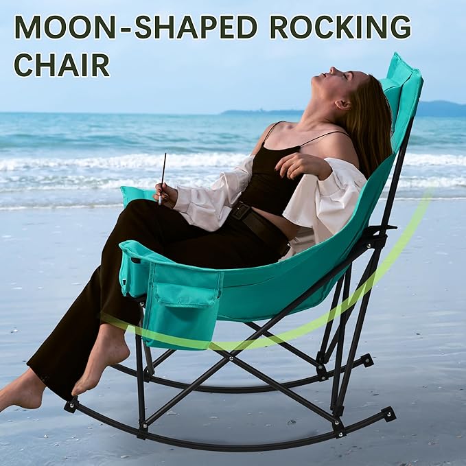 Oversized Rocking Camping Chair with Headrest & Cup Holder - 400lbs Capacity, 600D Oxford Fabric, Easy Fold Portable Outdoor Rocker Chair for Camping, Backyard, Beach, Blackgreen - Image 6