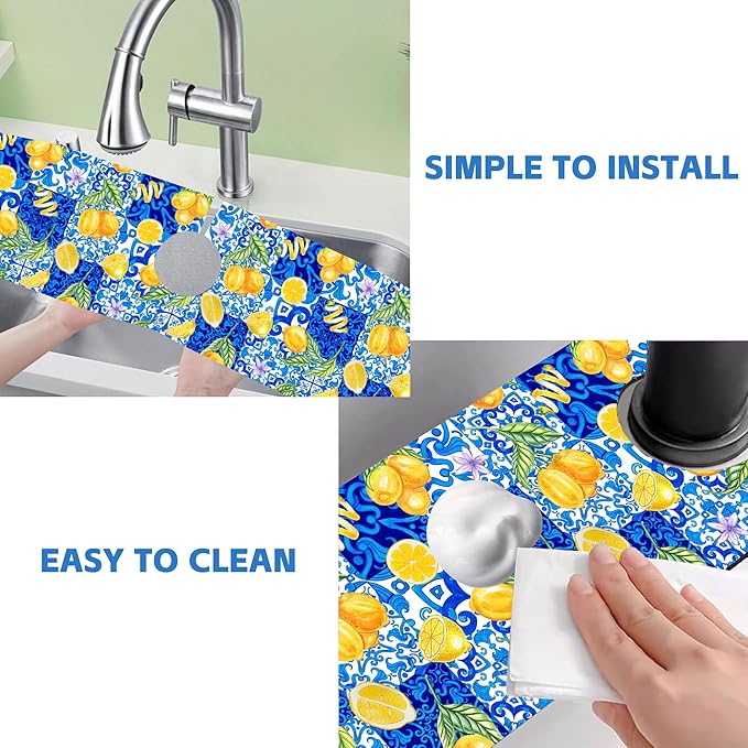 Blue Tiles and Yellow Lemon Sink Faucet Absorbing Mat Sink Splash Guard Faucet - Image 5