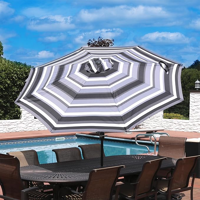 Sunnydaze Outdoor Patio Umbrella - Polyester Table Market Umbrella with Push-Button Tilt and Crank - 8 Sturdy Ribs - Catalina Beach Stripe - 9ft - Image 6