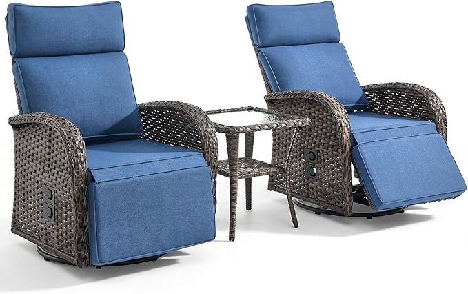 3 Pieces Zero Gravity Patio Swivel Rocking Recliner Chairs Set of 2 - Wicker Outdoor Lounge Chair with Side Table, Adjustable Backrest & Footrest, High Back Outdoor Recliner Chair for Pool Deck Blue - Image 7