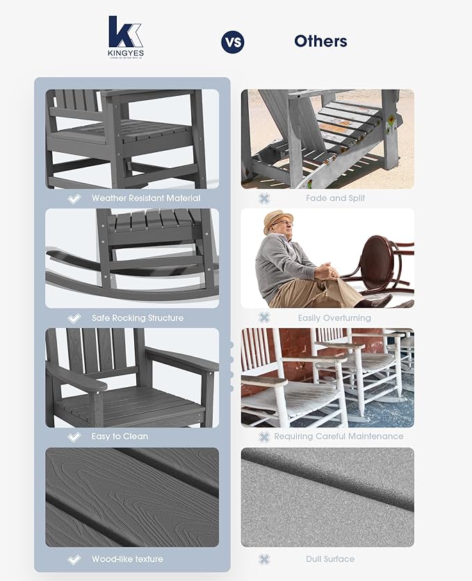 KINGYES HDPE Outdoor Rocking Chair, Widened Seat Patio Rocking Chair, Oversized All Weather Patio Rocker, Gray - Image 6