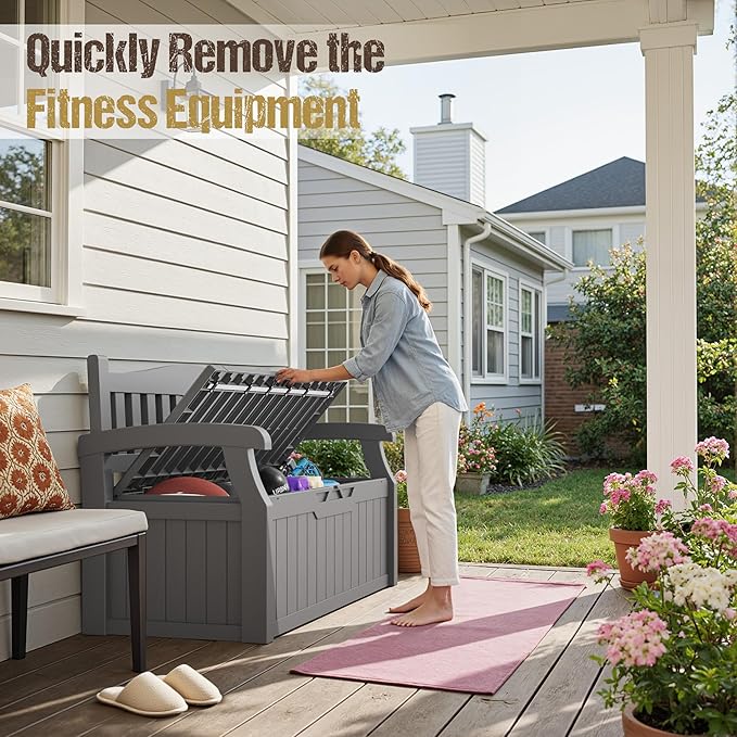 80-Gallon Outdoor Storage Bench, Waterproof Deck Box with Lockable Lid & Armrests for Patio, Garden, Pool, Gray - Image 7