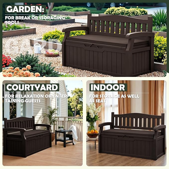Flamaker 80 Gallon Storage Bench with Cushions Outdoor Indoor, Durable All-Weather Seating with Hidden Storage, Lockable Deck Box for Garden, Patio, Poolside (Brown) - Image 5