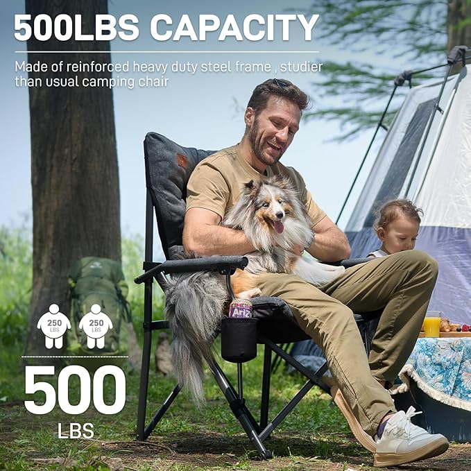 EVER ADVANCED Padded Oversized Folding Camping Chair for Adults, Heavy Duty Lawn Chair with Side Pockets, Portable Collapsible Quad Chair for Outside, Support Up to 500lbs, Black - Image 4