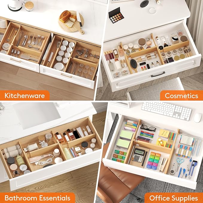 Lifewit 4" High 4 Pack Bamboo Drawer Dividers 31-40cm/12-16 Adjustable Wooden - Image 7