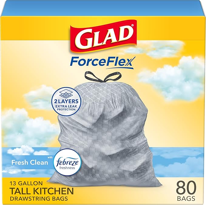 Glad ForceFlex Tall Kitchen Drawstring Trash Bags, 13 Gal, Fresh Clean by GladTrashFoodStorage