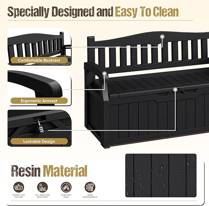 80-Gallon Outdoor Storage Bench, Waterproof Deck Box with Lockable Lid, Dark Black - Image 7