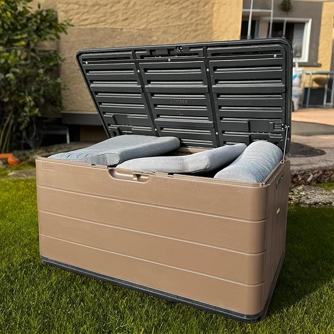 TARKARI Premium Pro Edition 100 Gallon Lockable Resin Deck Box, Waterproof & UV-Resistant Outdoor Storage Box for Outdoor Cushion Storage, Garden Tools & Pool Accessories Storage, Brown - Image 7