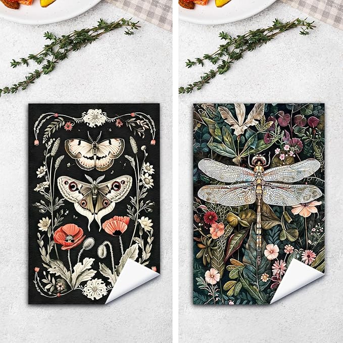 Moody Floral Moth Dragonfly Kitchen Towels Set of 2, Dark Cottagecore Botanical - Image 3