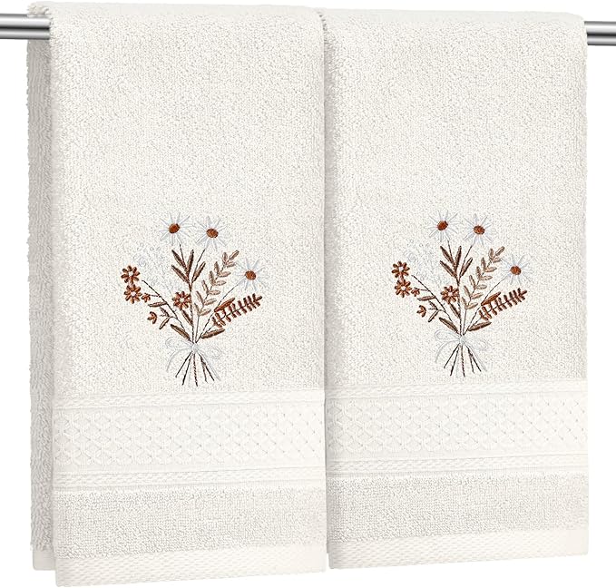 2 Pcs Boho Flowers Hand Towels Beige Bathroom Wildflowers Decor 14x29 Inch by SmoothNovelty