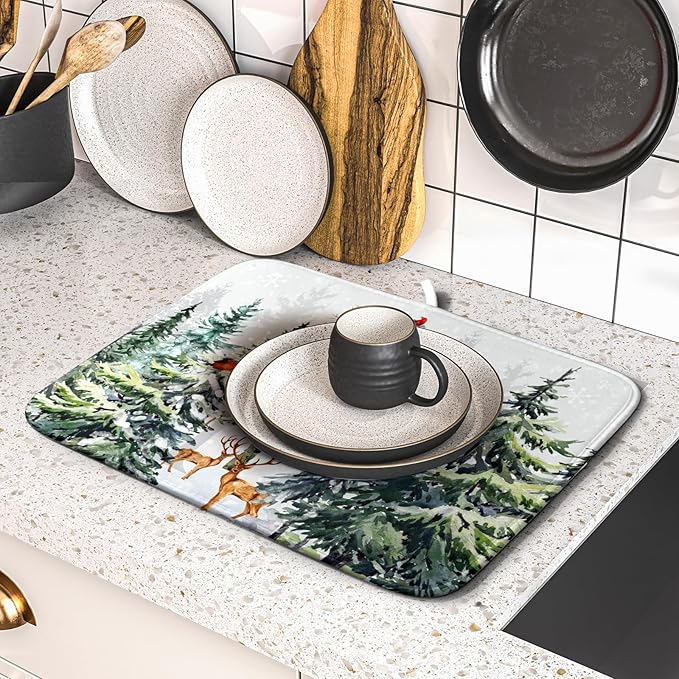 Pine Tree Dish Drying Mat for Kitchen Counter 16x18 Inch Forest Deer Absorbent - Image 5