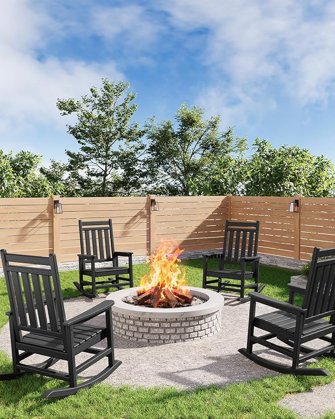 GarveeLife Poly Lumber Rocking Chair Outdoor Set of 4 - HDPE High Back Porch Rocker Chairs for Adults - All Weather Resistant Furniture for Patio - Black by GarveeLife