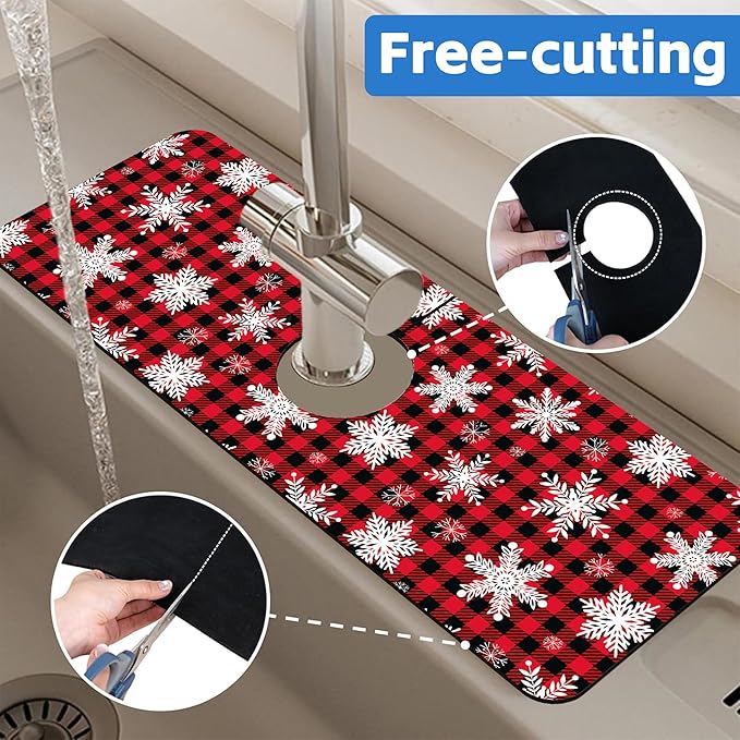 Christmas Snowflake Kitchen Sink Splash Guard Mat Buffalo Plaid Absorbent Fast - Image 7