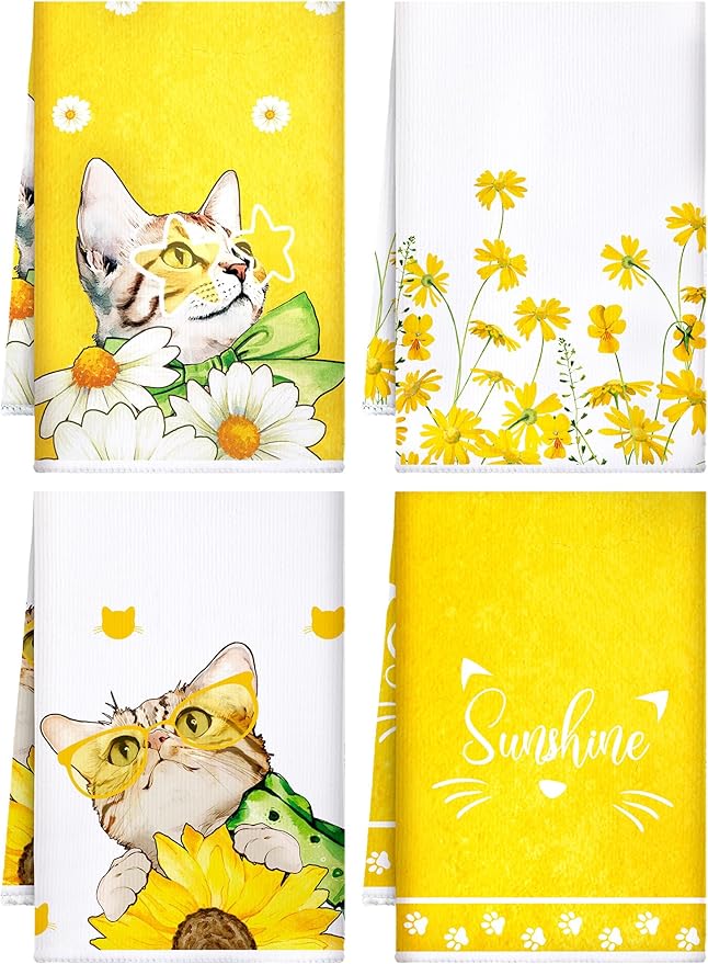 Bencailor 4 Pcs Cat Kitchen Towels Yellow Floral Cute Kitty Hand Dish Towels by Bencailor