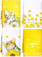 Bencailor 4 Pcs Cat Kitchen Towels Yellow Floral Cute Kitty Hand Dish Towels by Bencailor