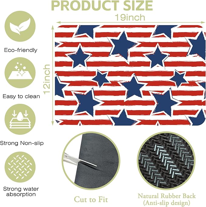 Dish Drying Mat Watercolor Blue Star Red Stripes Kitchen Mat 12"x19" Bsorbent - Image 4
