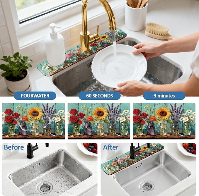 2 Pcs Kitchen Sink Splash Guard Faucet Mats Colored Glass Vases - Image 5