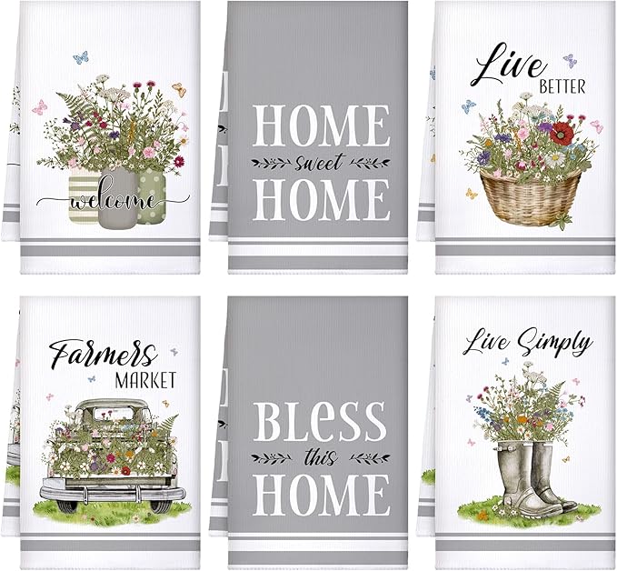 Boyiee Set of 6 Floral Kitchen Towels Wildflower Dish Towels Butterfly Truck by Boyiee