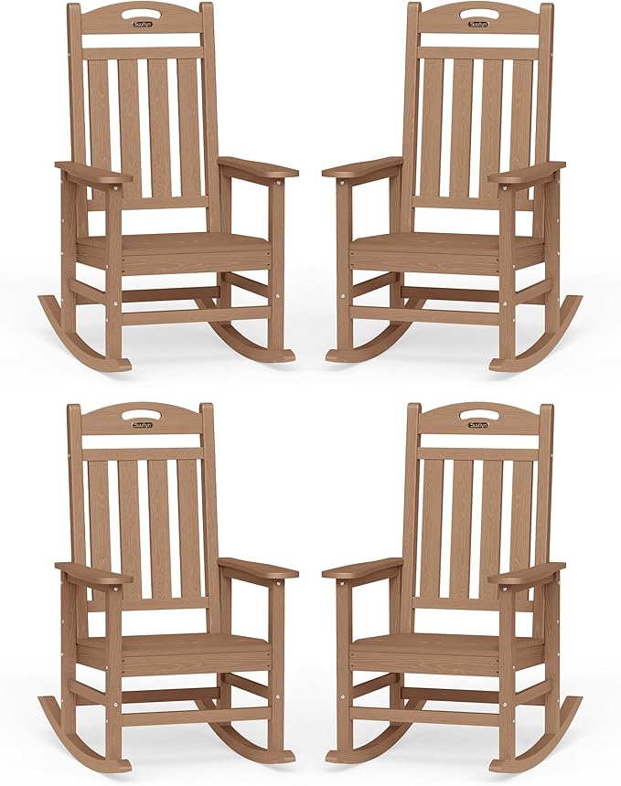 Oversized Outdoor Rocking Chairs Set of 4, High Back Porch Rocker Chair, HDPE All Weather Resistant Rocking Chairs for Patio,380lbs Weight Capacity, Teak by Suunyn