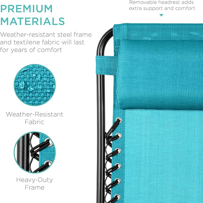Best Choice Products Set of 2 Adjustable Steel Mesh Zero Gravity Lounge Chair Recliners w/Pillows and Cup Holder Trays - Peacock Blue - Image 7