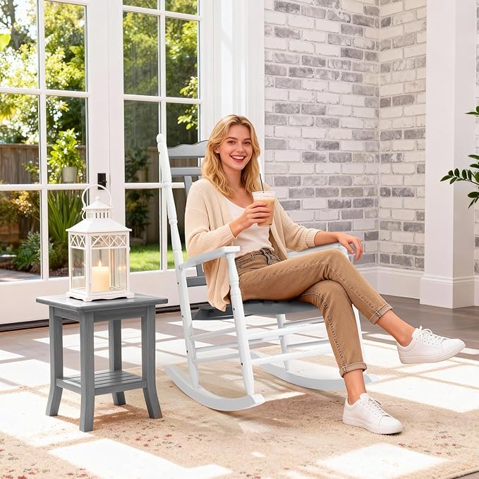 VINGLI Wooden Rocking Chair, Outdoor Chair with 450 lbs Support, Relaxing Rocker with Solid Wood High Back Seat Reclining Seat for Deck, Garden, Backyard, Porch (White & Grey, 2PCS) - Image 7