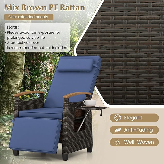 RELAX4LIFE Rattan Outdoor Recliner Chair - Wicker Chaise Lounge Chair w/Adjustable Back & Footrest, Acacia Wood Armrests, Flip Side Table, Cushion, Reclining Patio Chair for Pool Yard (1, Navy) - Image 5