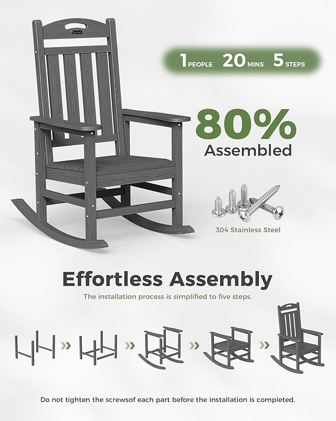 Oversized Outdoor Rocking Chairs Set of 4, High Back Porch Rocker Chair, HDPE All Weather Resistant Rocking Chairs for Patio, 380lbs Weight Capacity, Dark Grey - Image 9