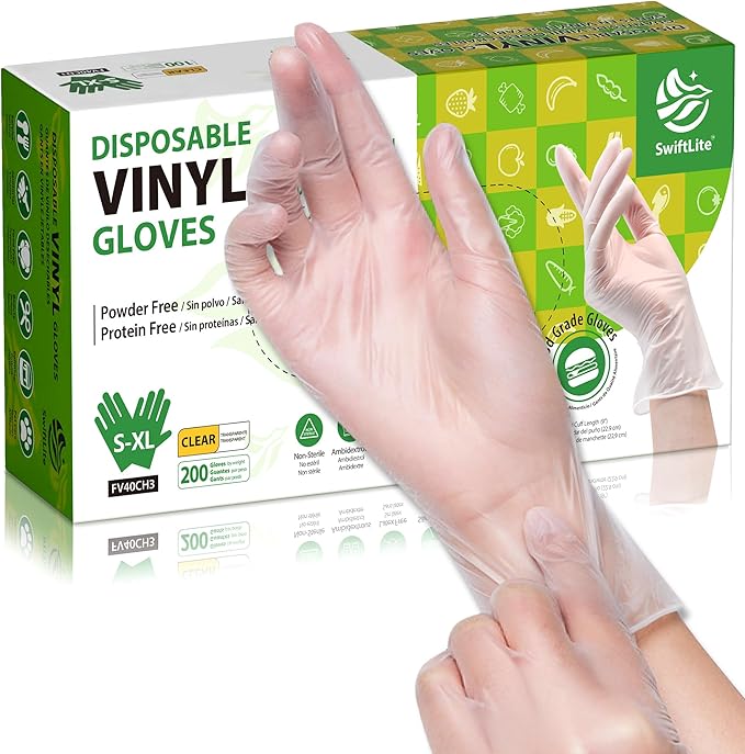 Disposable Vinyl Gloves, Food Safe, Latex-Free Powder-Free Clear Plastic Gloves by SWIFTLITE