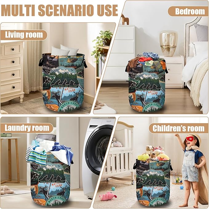 Retro Mountain Bear Laundry Basket, Foldable Wild Animals Laundry Hamper Tote - Image 7