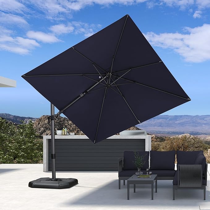 PURPLE LEAF 9' X 12' Right-left Tilt Patio Umbrella with Base Outdoor Cantilever Swivel Rectangle Umbrella Aluminum Offset Umbrella with 360-degree Rotation for Garden Deck Pool Patio Navy - Image 2