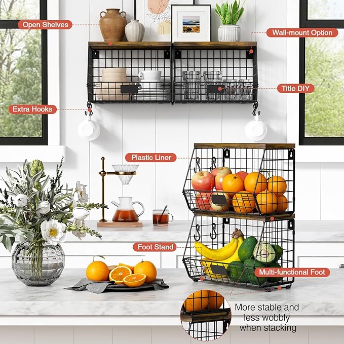 Hanging Wall Fruit Basket for Kitchen Counter 2 Pack, Stackable Wire Baskets - Image 6