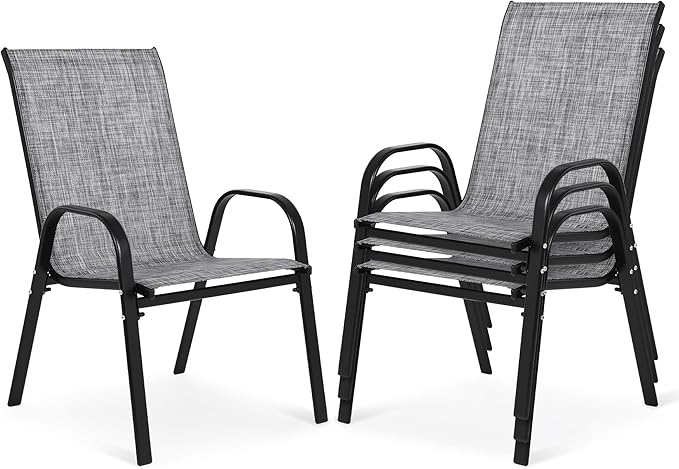 Outdoor Stackable Chairs Set of 4, Stacking Patio Chairs with Textilene Fabric, Outside Furniture for Garden Backyard Balconie Poolside Deck, Grey by Villeston