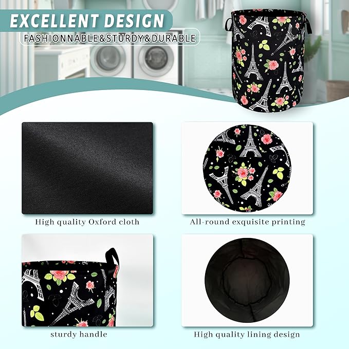 Retro Eiffel Tower Laundry Hamper Rose Flower Colorful Laundry Basket - Image 4