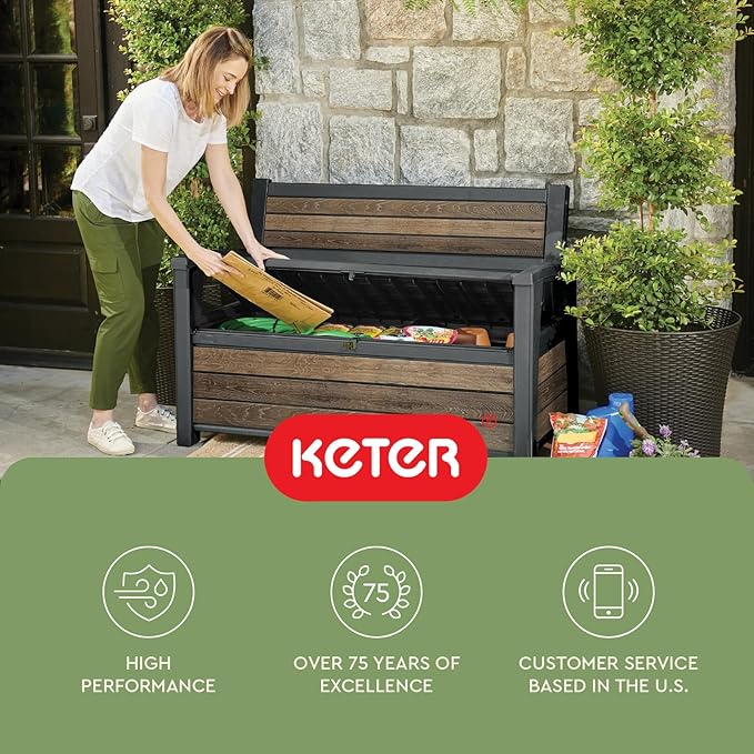 Keter Signature 60 Gallon Storage Bench Deck Box for Patio Furniture, Front Porch Decor and Outdoor Seating – Perfect to Store Garden Tools, Walnut - Image 12