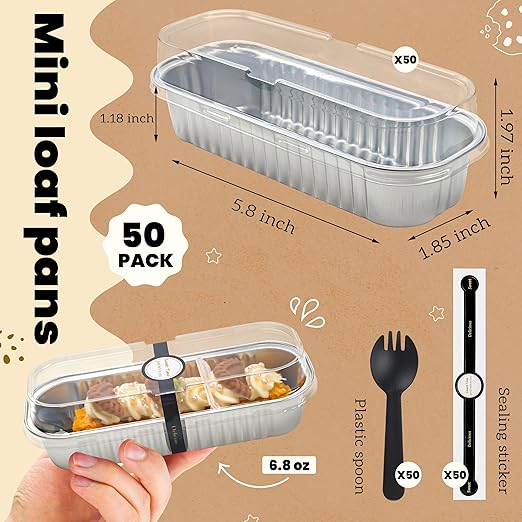 50 PACK Mini Cake Pans with Lids and Spoons, Rectangular Aluminum Foil Bread Pan - Image 3