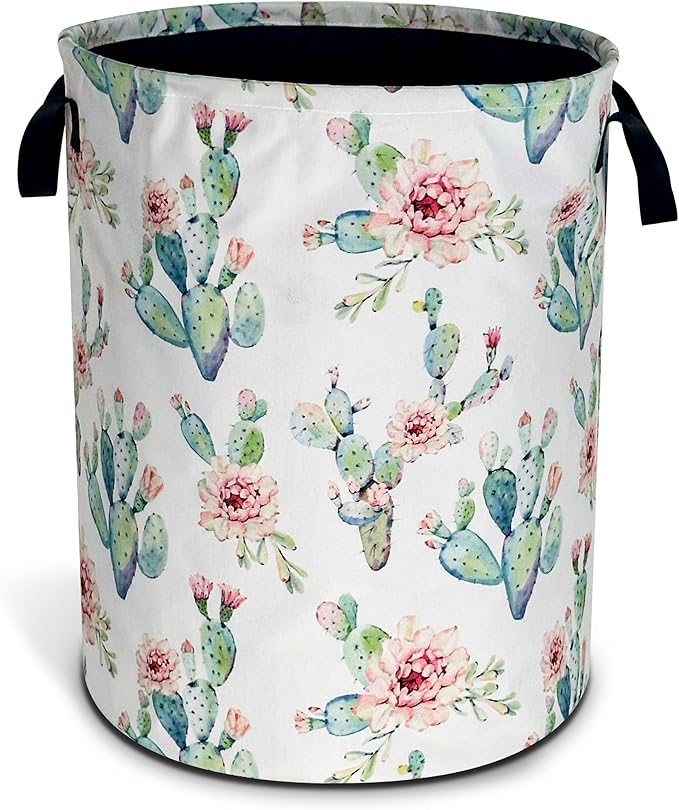 Cactus Flowers Laundry Basket Pink Floral Foldable Oxford Cloth Funny Tote Bag by NUTAINLA