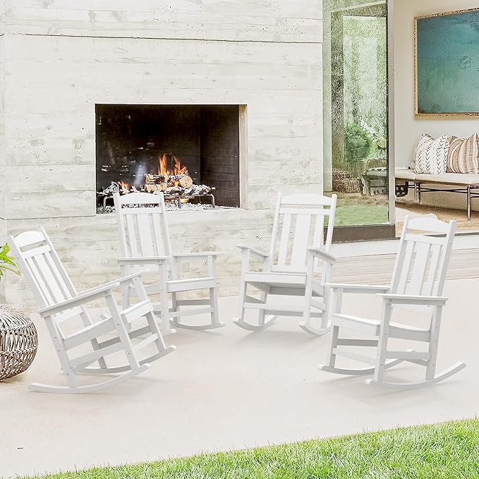 LUE BONA Outdoor Rocking Chairs Set of 4, Weather Resistant HDPS Poly Rocker Chairs, 350lb Heavy Duty, Oversized Porch Rocker for Adult, High Back Smooth Rocking Chairs for Outdoor & Indoor, White by LUEBONA